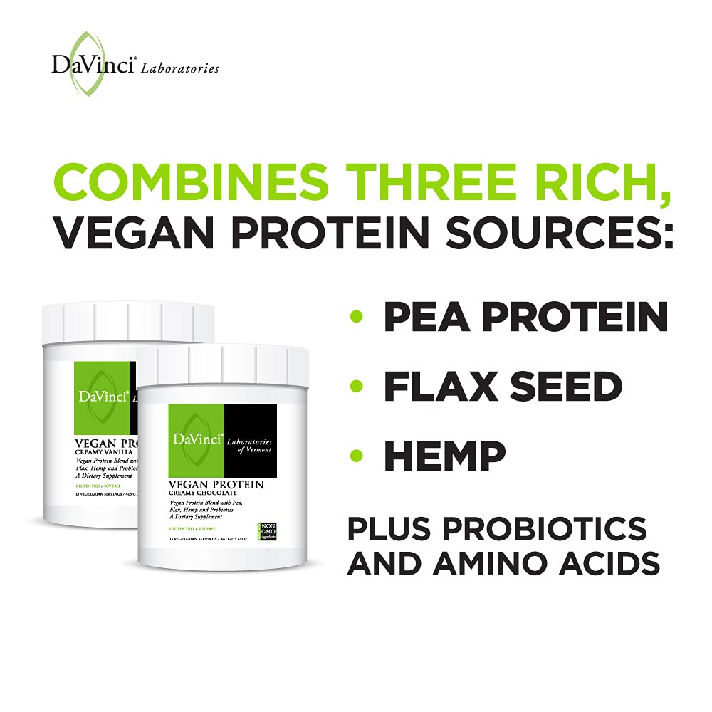 Protéines végétaliennes DAVINCI Labs - Supplément de protéines en poudre pour le maintien du poids, la réparation musculaire et tissulaire - Saveur vanille crémeuse - Sans soja et sans gluten - 447 g, 15 portions