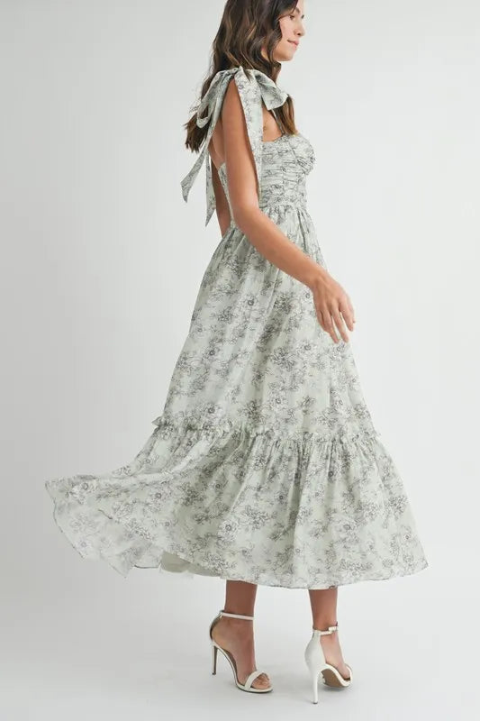 Robe midi froncée à imprimé floral et bretelles à nouer pour femme – Robe midi froncée pour l'été, Robe à imprimé floral, Robe à bretelles à nouer, Robe midi féminine, Robe chic pour événements