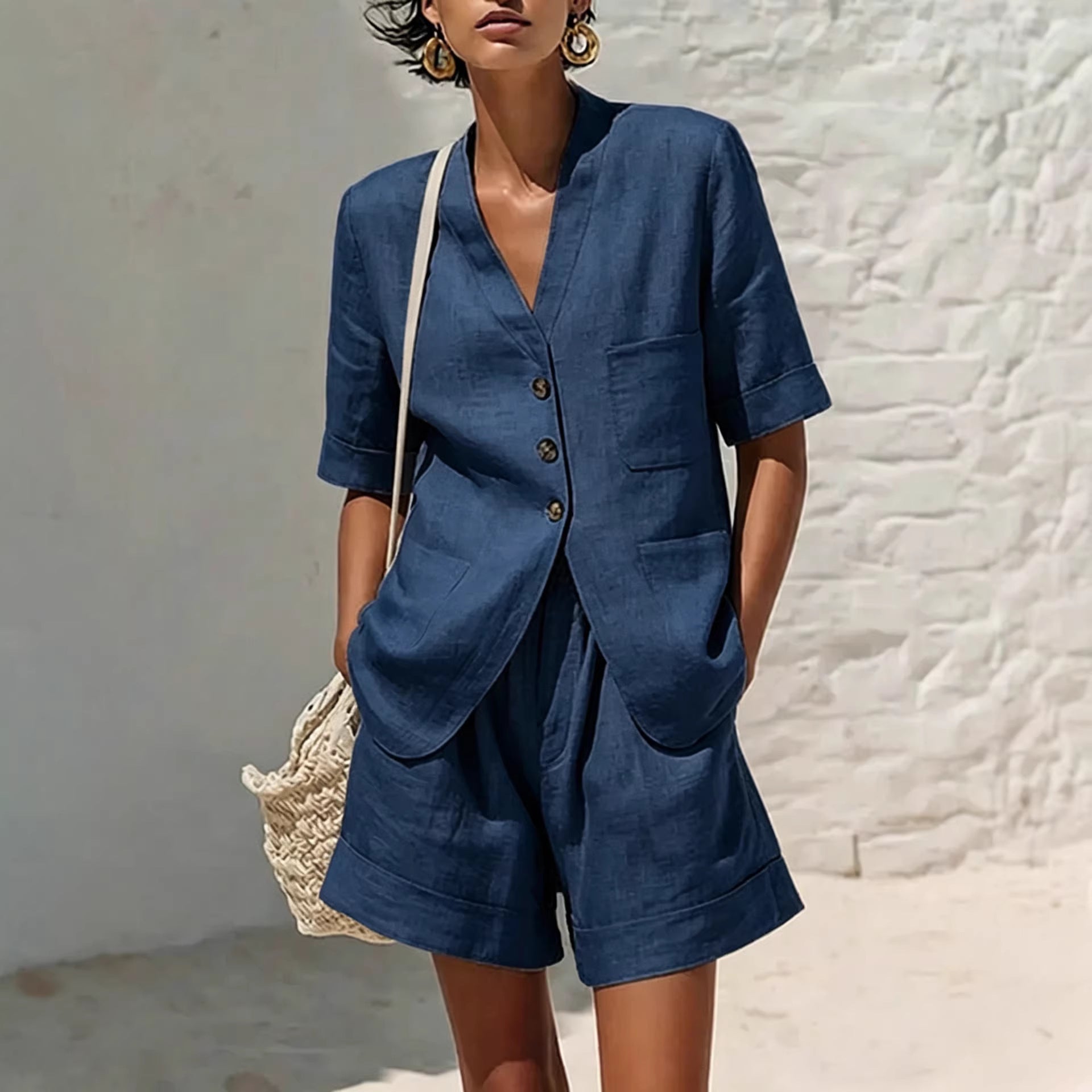 Ensemble deux pièces T-shirt ample et short court en coton et lin pour femme