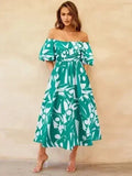 Robe imprimée à épaules dénudées et manches ballon