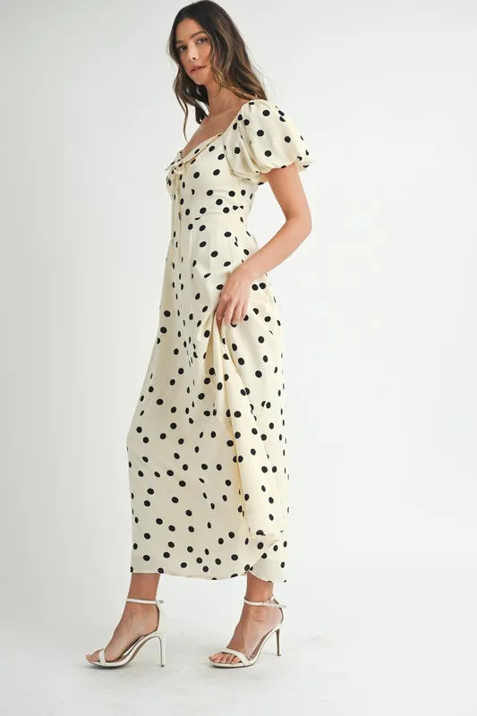 Robe mi-longue à pois et manches bouffantes pour femmes – Robe vintage à pois et volants, Robe féminine à manches bouffantes, Robe mi-longue rétro, Robe chic classique