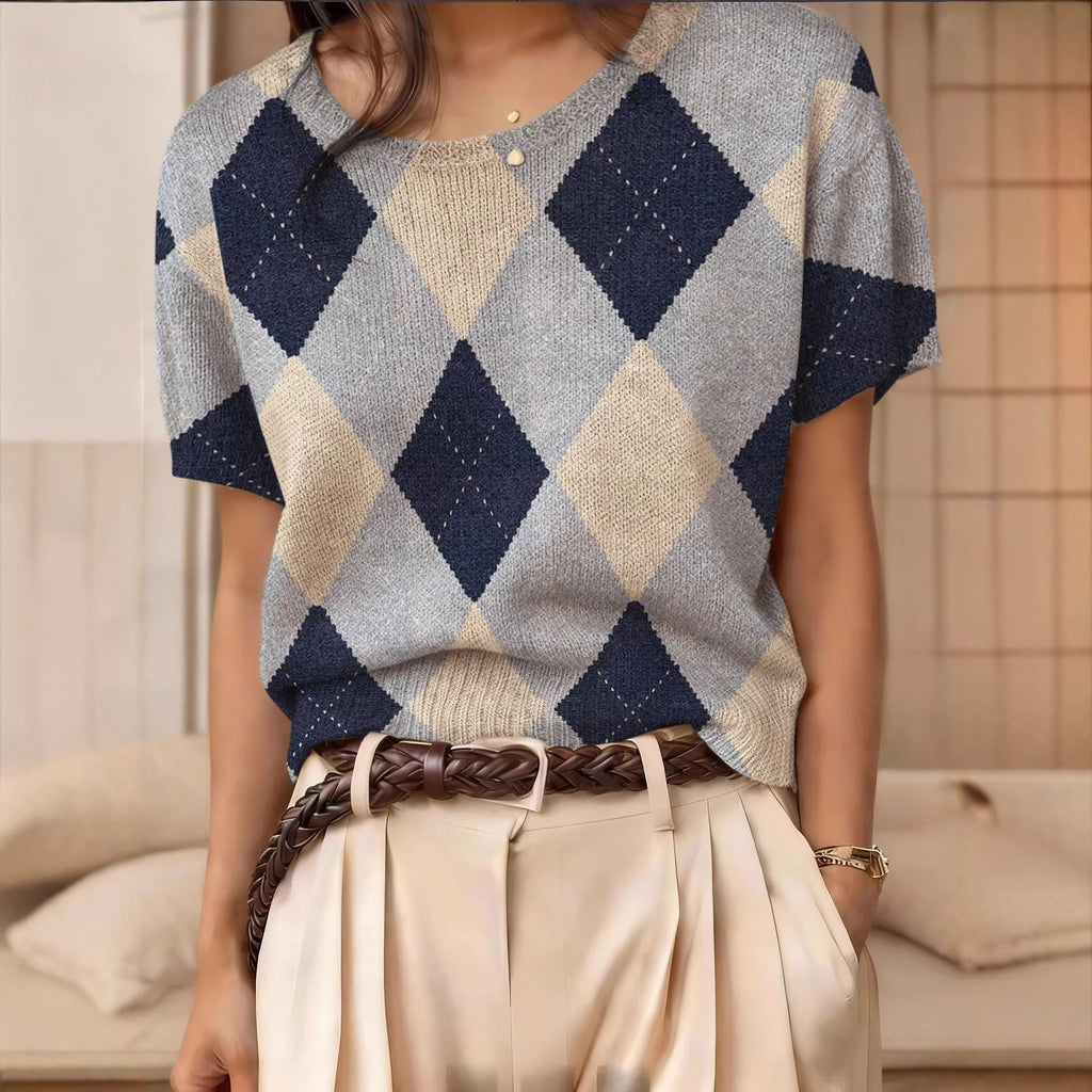 Haut en maille jacquard rétro à manches courtes pour femme