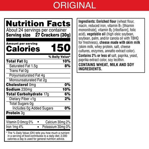 Biscuits au fromage Cheez-It, biscuits apéritifs cuits au four, collations pour le déjeuner, format familial, original, boîte de 708 g (1 boîte)