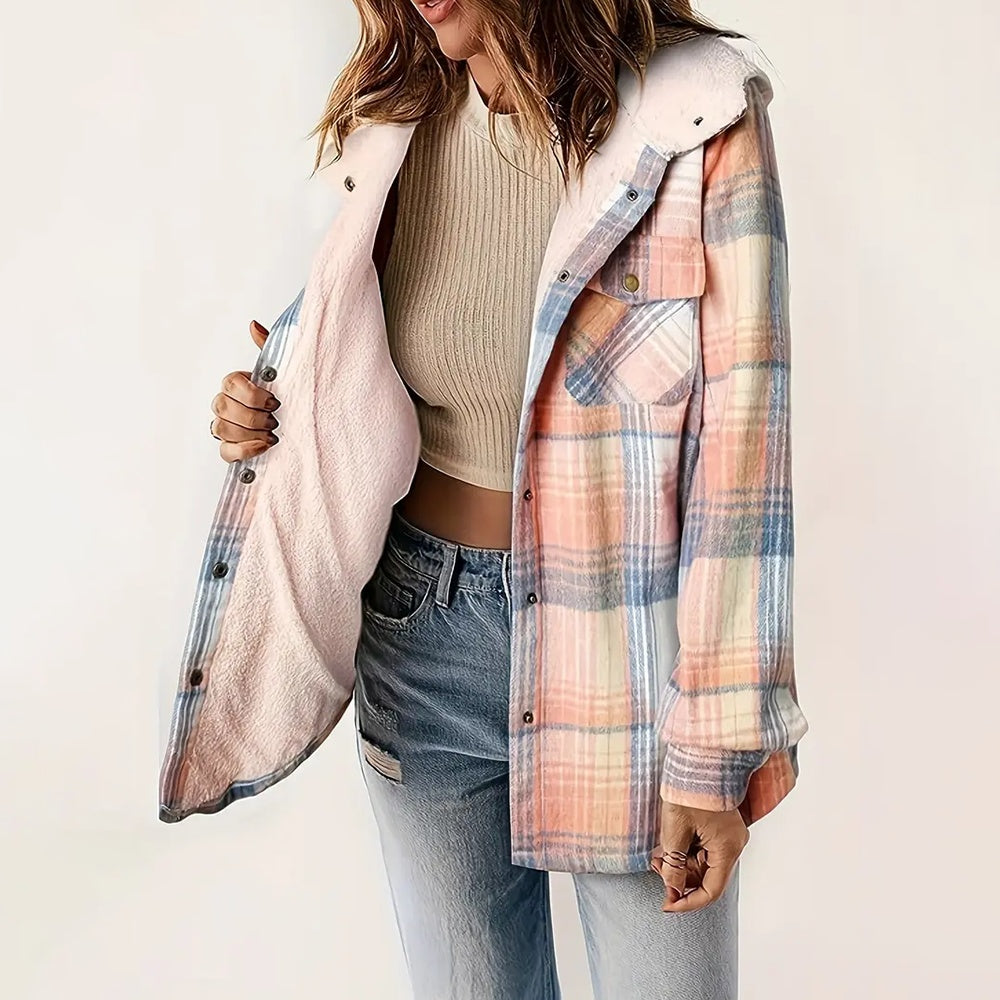 Veste boutonnée à manches longues à carreaux pour femme