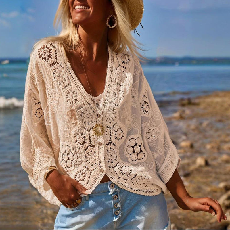 Cardigan col V en dentelle bohème