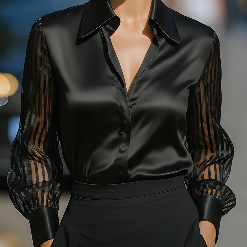 Chemisier femme en satin à col à revers – Chemise transparente à manches longues boutonnée pour le bureau et la mi-saison