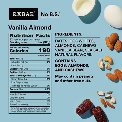 Barres protéinées Rxbar, En-cas protéiné, Barres d'en-cas, Amande Vanille, Boîte de 624 g (12 barres)