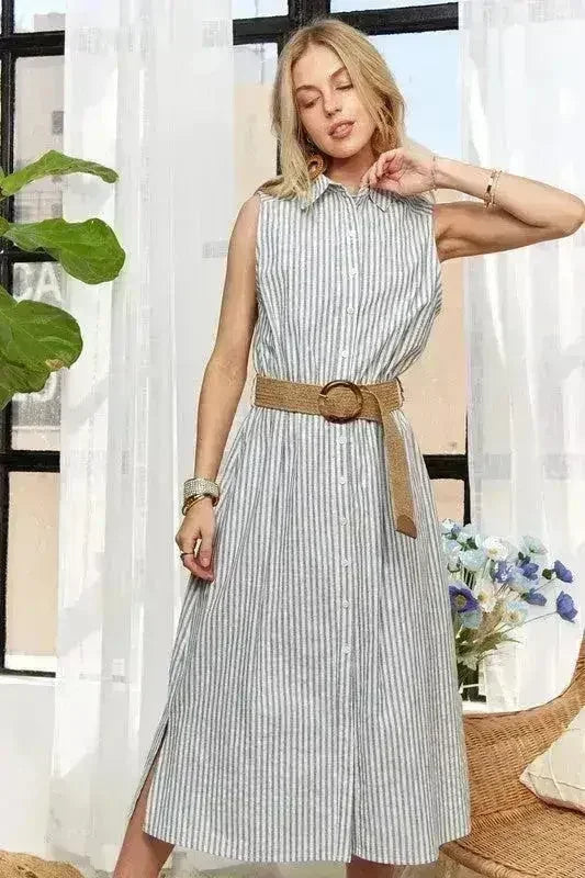 Robe boutonnée ADORA à rayures – Coton midi sans manches