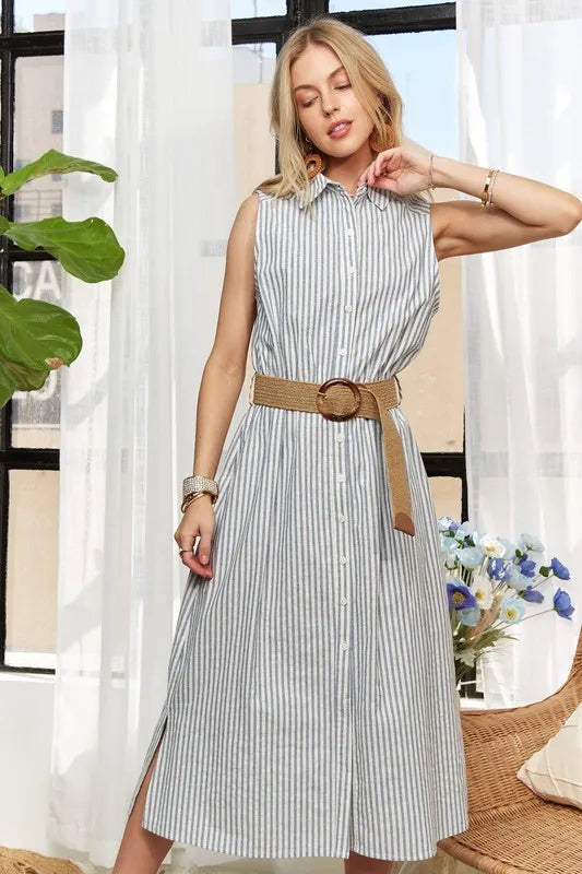 Nouvelle Robe Longue sans Manches Boutonnée Rayée pour Femmes – Robe Midi Rayée Classique, Élégante, Stylée, Chic et Intemporelle pour Toute Occasion