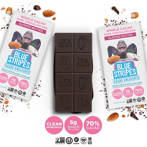 Tablette de chocolat noir Blue Stripes au beurre d'amande et cacao entier, 60 g