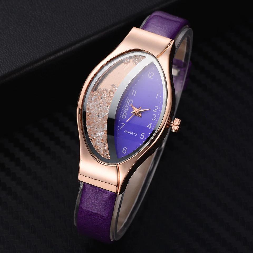 Montre de luxe Ellipse en PU à bracelet en cuir pour femmes, montre-bracelet à quartz sport en strass pour femmes et jeunes filles
