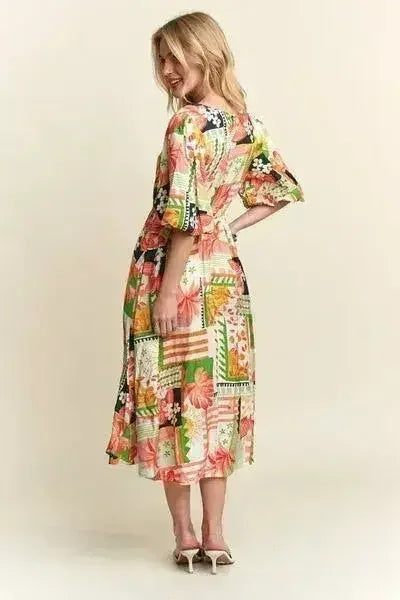 Robe mi-longue d'été florale à col en V et manches bouffantes – femstylo