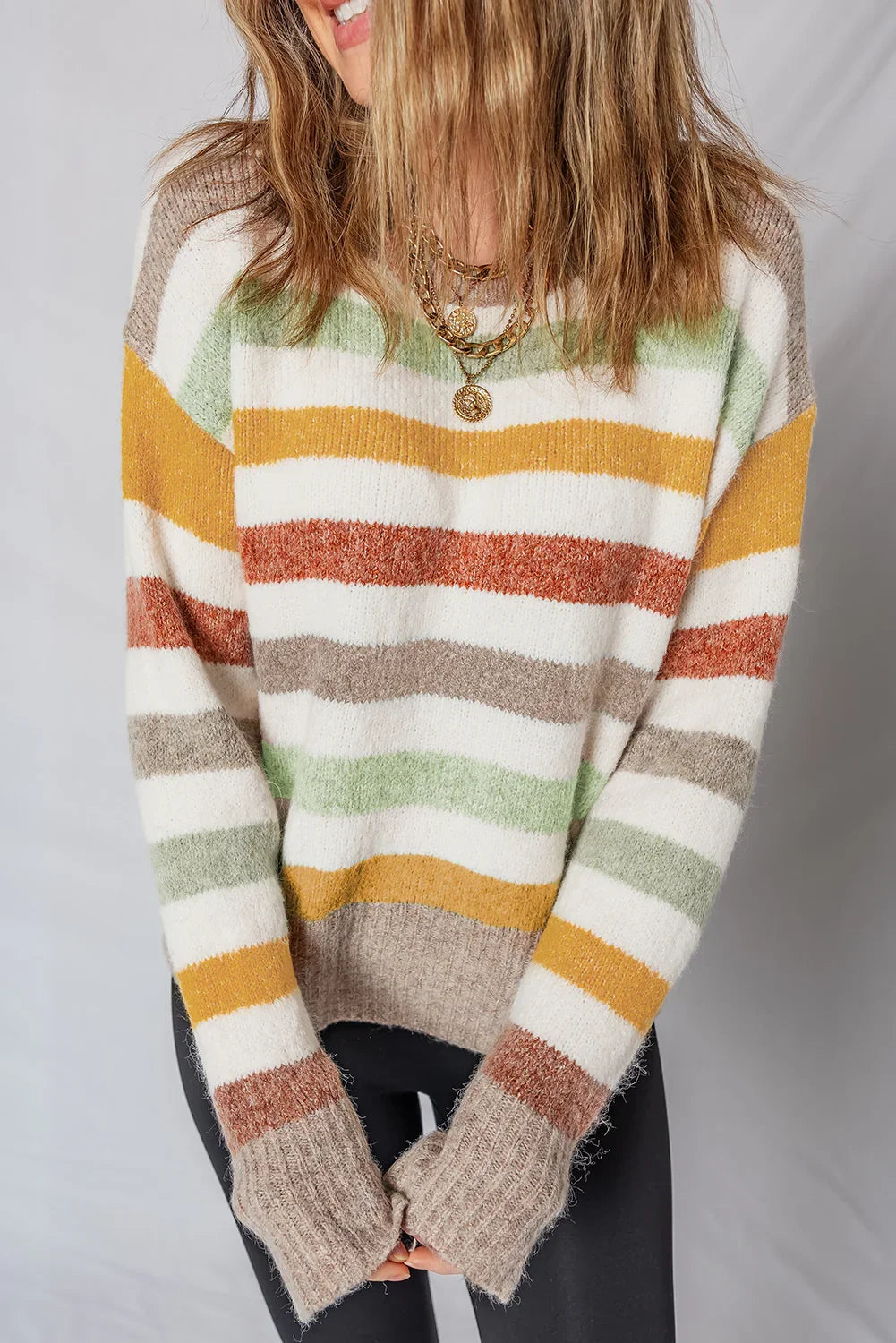 Pull ras du cou en maille color-block multicolore à épaules tombantes