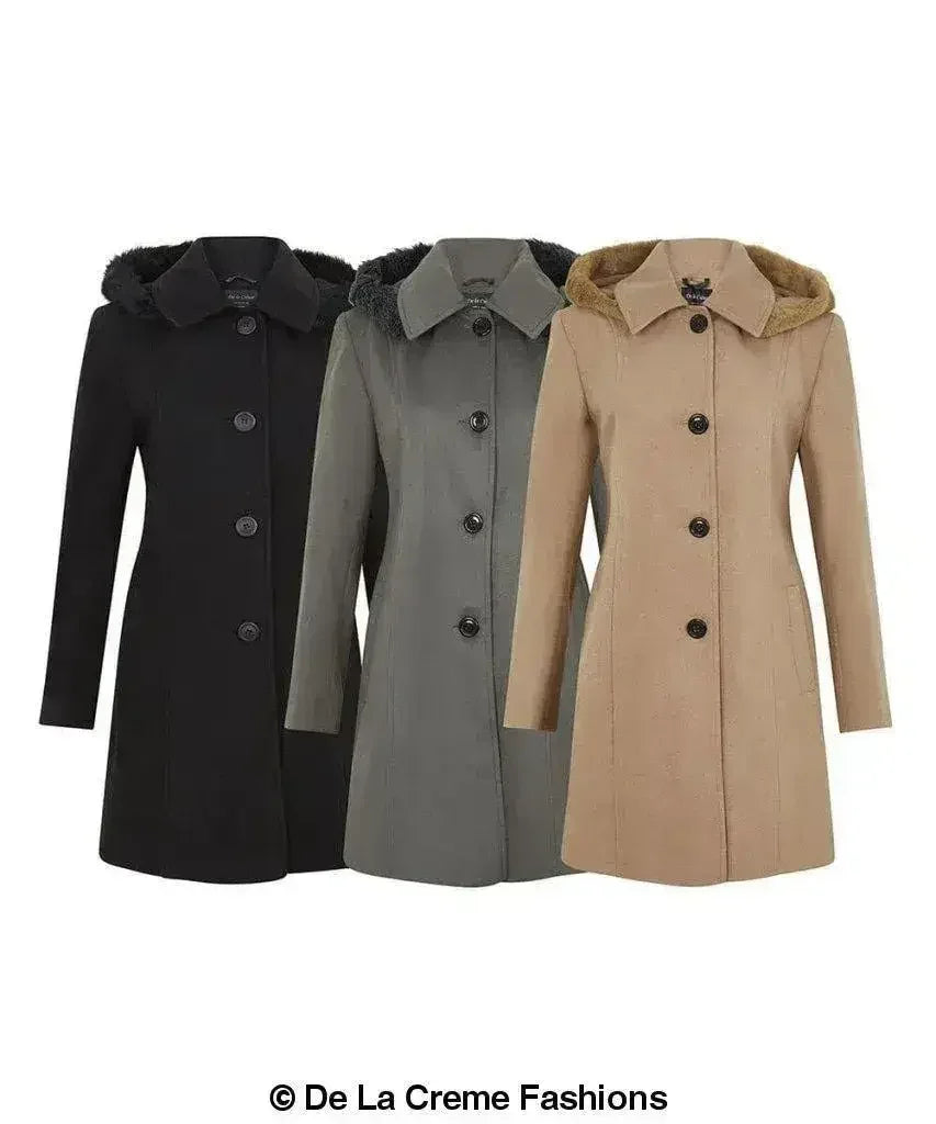 De La Creme - Manteau à capuche avec bordure en fausse fourrure pour femme