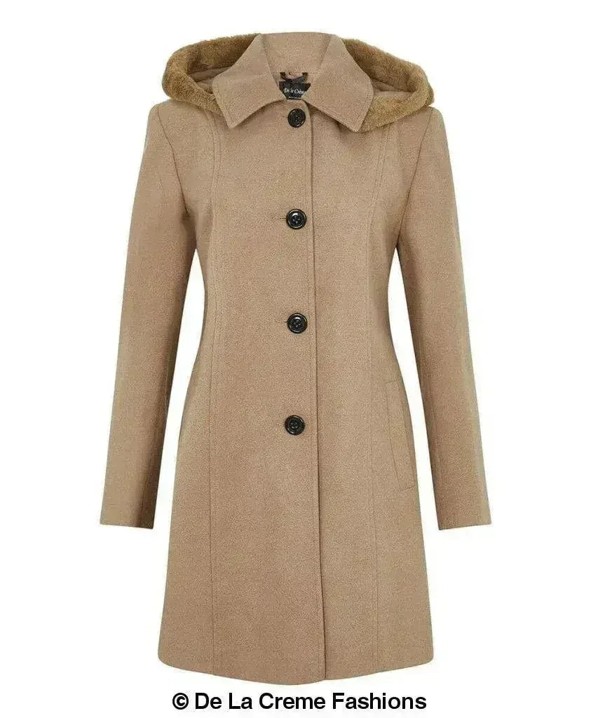 De La Creme - Manteau à capuche avec bordure en fausse fourrure pour femme