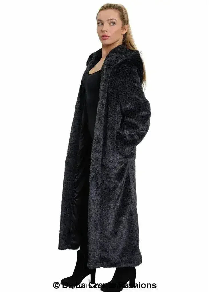 De La Crème - Manteau long emblématique à capuche en fausse fourrure pour femme