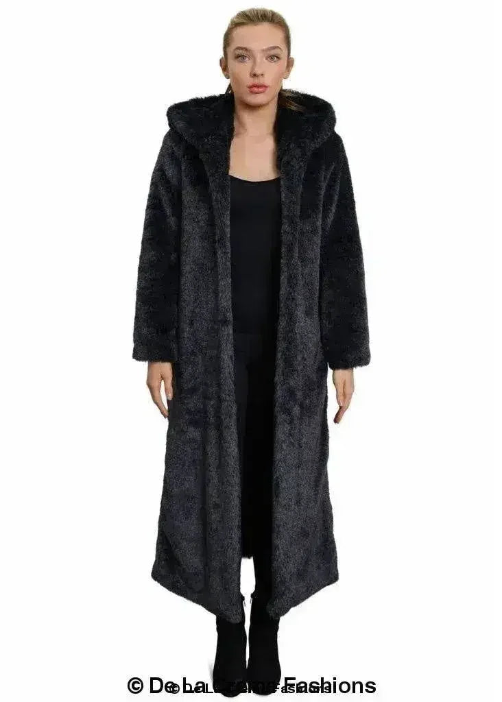 De La Crème - Manteau long emblématique à capuche en fausse fourrure pour femme