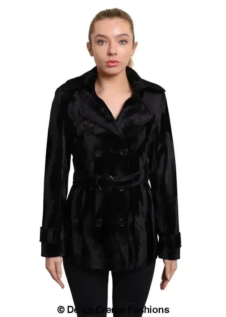 De La Crème - Manteau court croisé de luxe noir en peau de poney pour femme