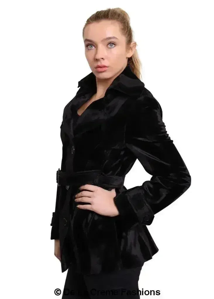 De La Crème - Manteau court croisé de luxe noir en peau de poney pour femme