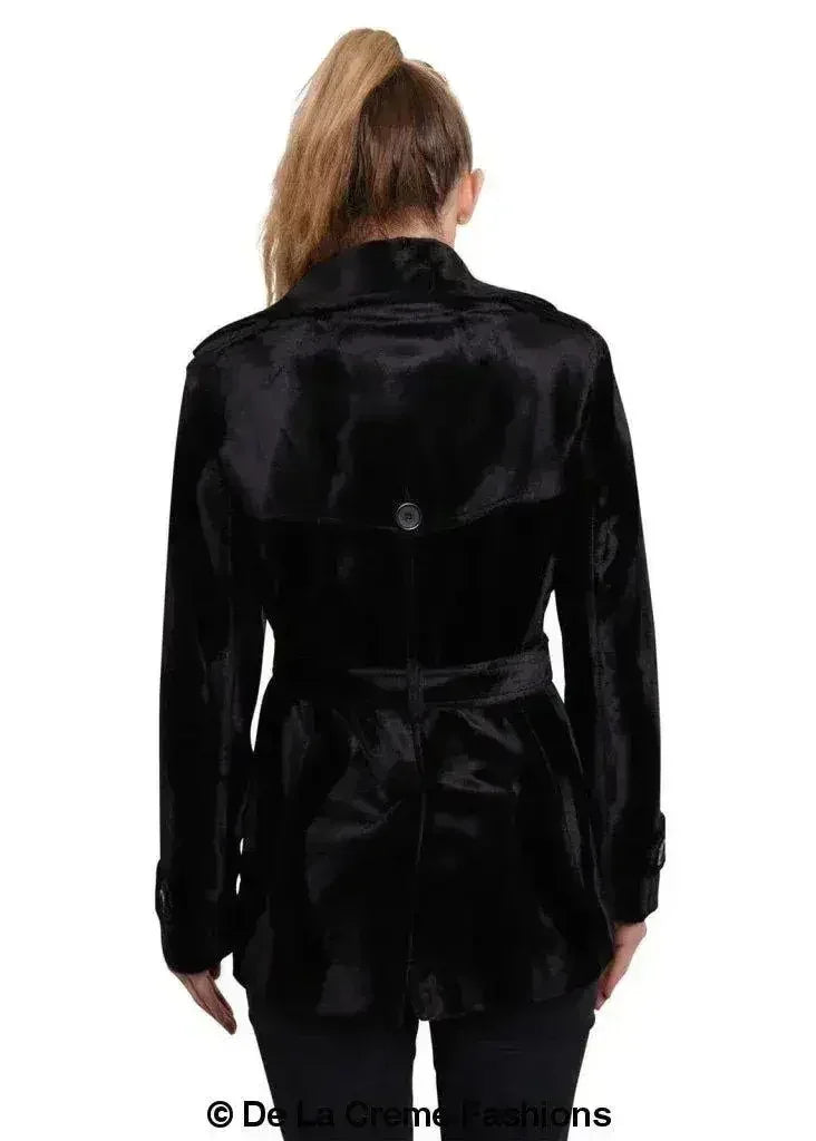 De La Crème - Manteau court croisé de luxe noir en peau de poney pour femme