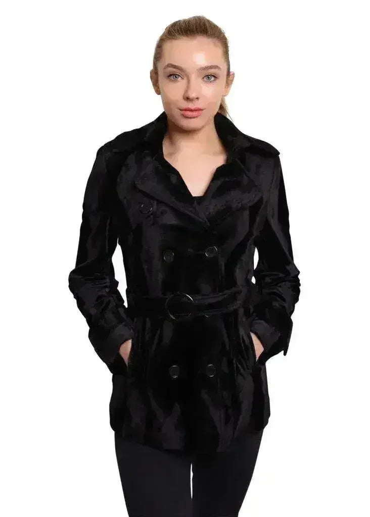 De La Crème - Manteau court croisé de luxe noir en peau de poney pour femme