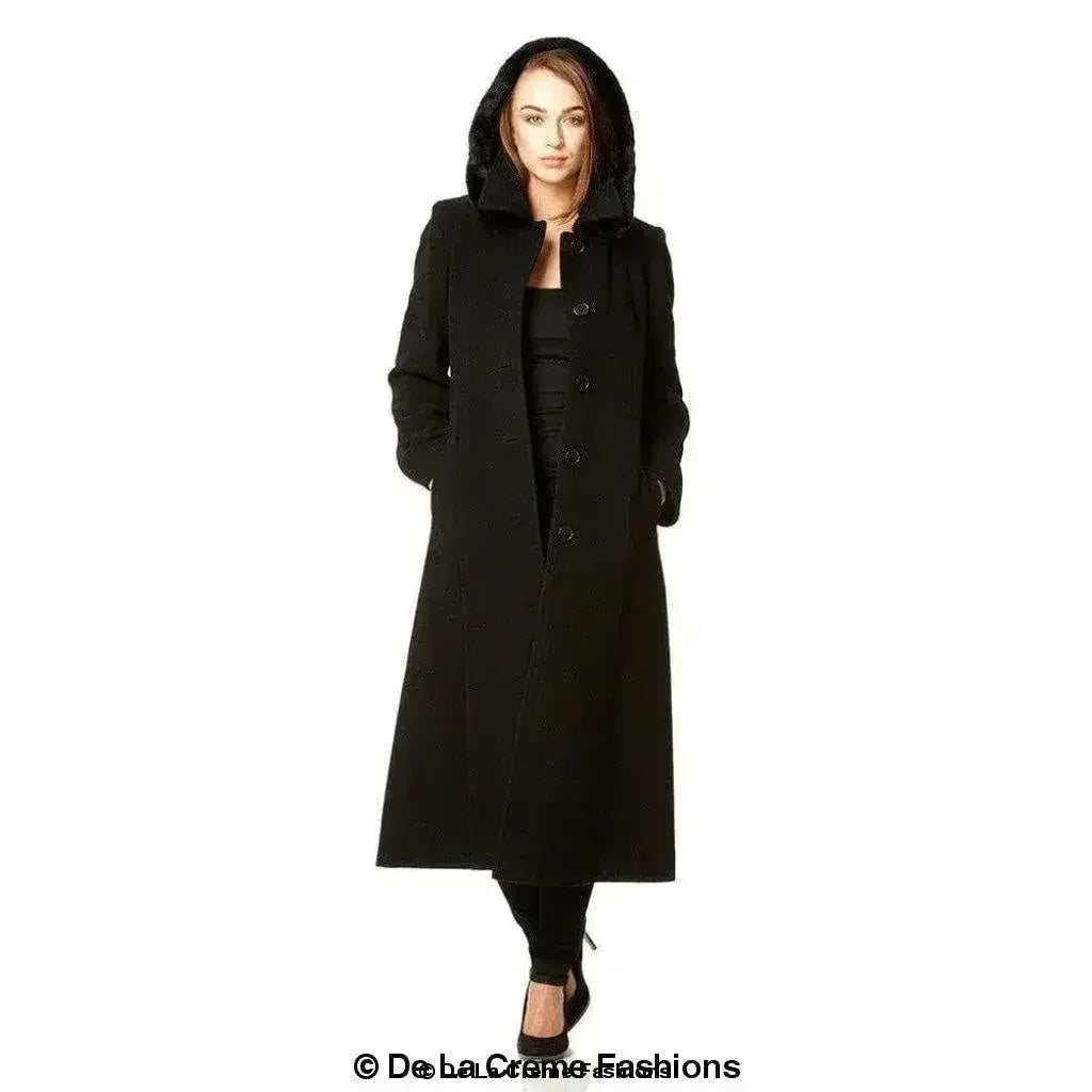 Manteau long à capuche avec bordure en fausse fourrure et mélange de laine