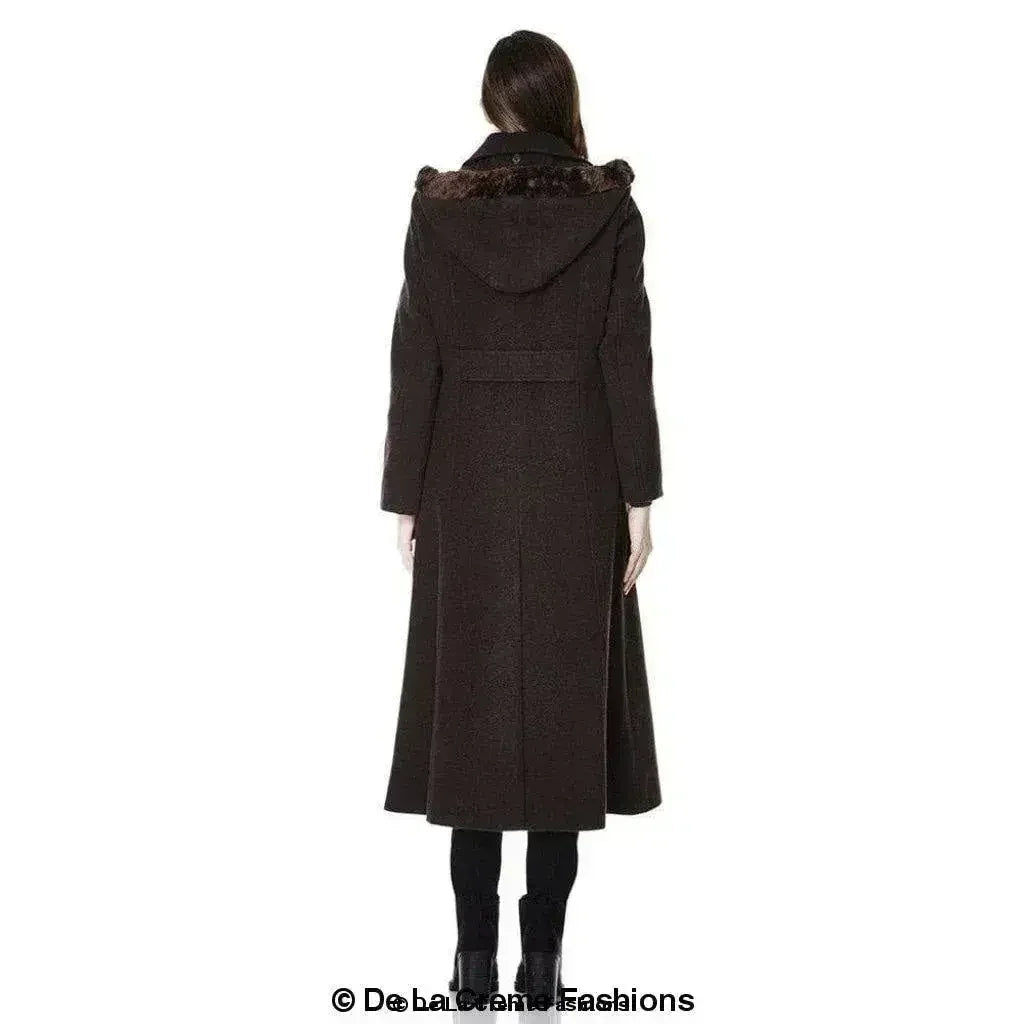 Manteau long à capuche avec bordure en fausse fourrure et mélange de laine