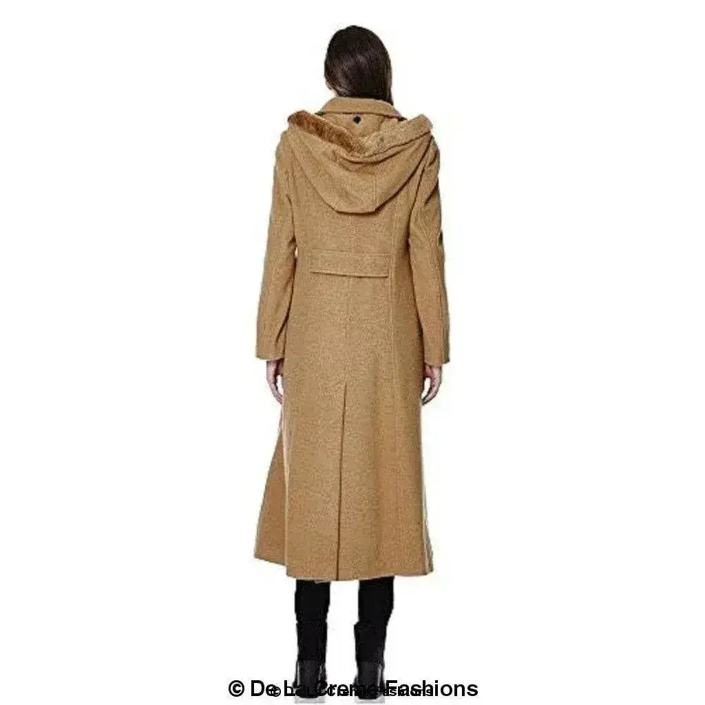 Manteau long à capuche avec bordure en fausse fourrure et mélange de laine