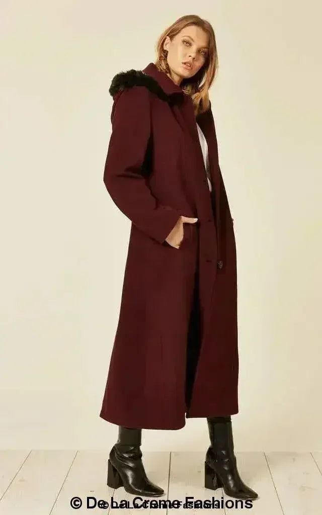 Manteau long à capuche avec bordure en fausse fourrure et mélange de laine