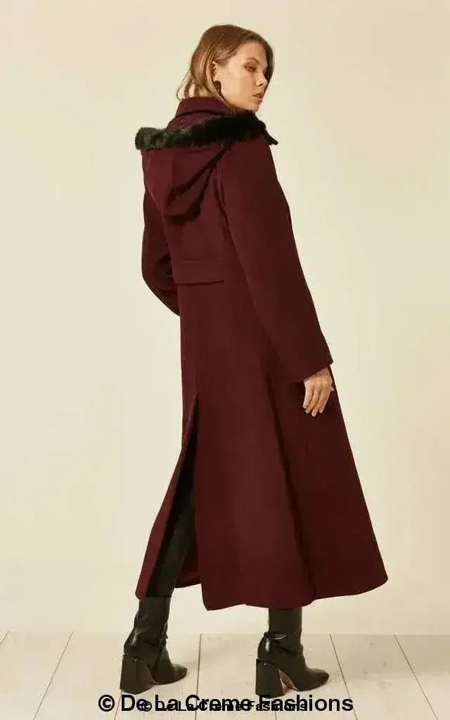Manteau long à capuche avec bordure en fausse fourrure et mélange de laine