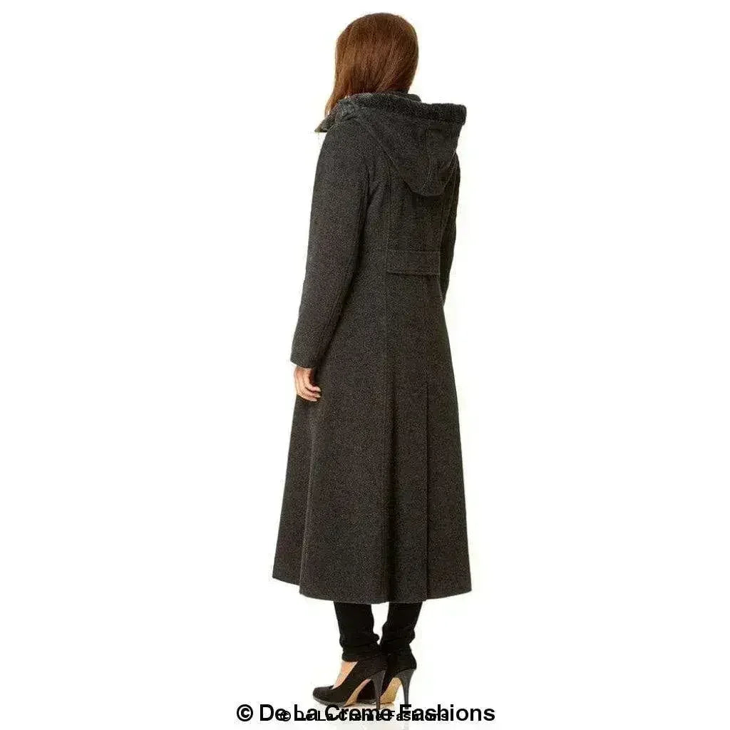 Manteau long à capuche avec bordure en fausse fourrure et mélange de laine
