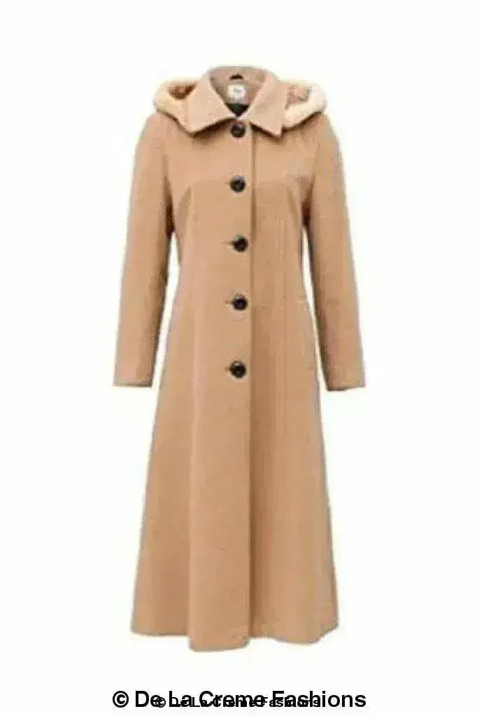 Manteau long à capuche avec bordure en fausse fourrure et mélange de laine
