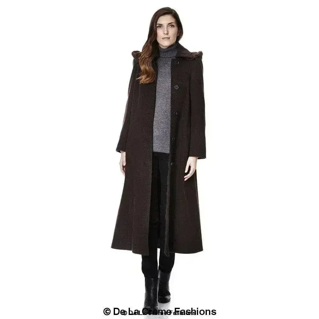 Manteau long à capuche avec bordure en fausse fourrure et mélange de laine
