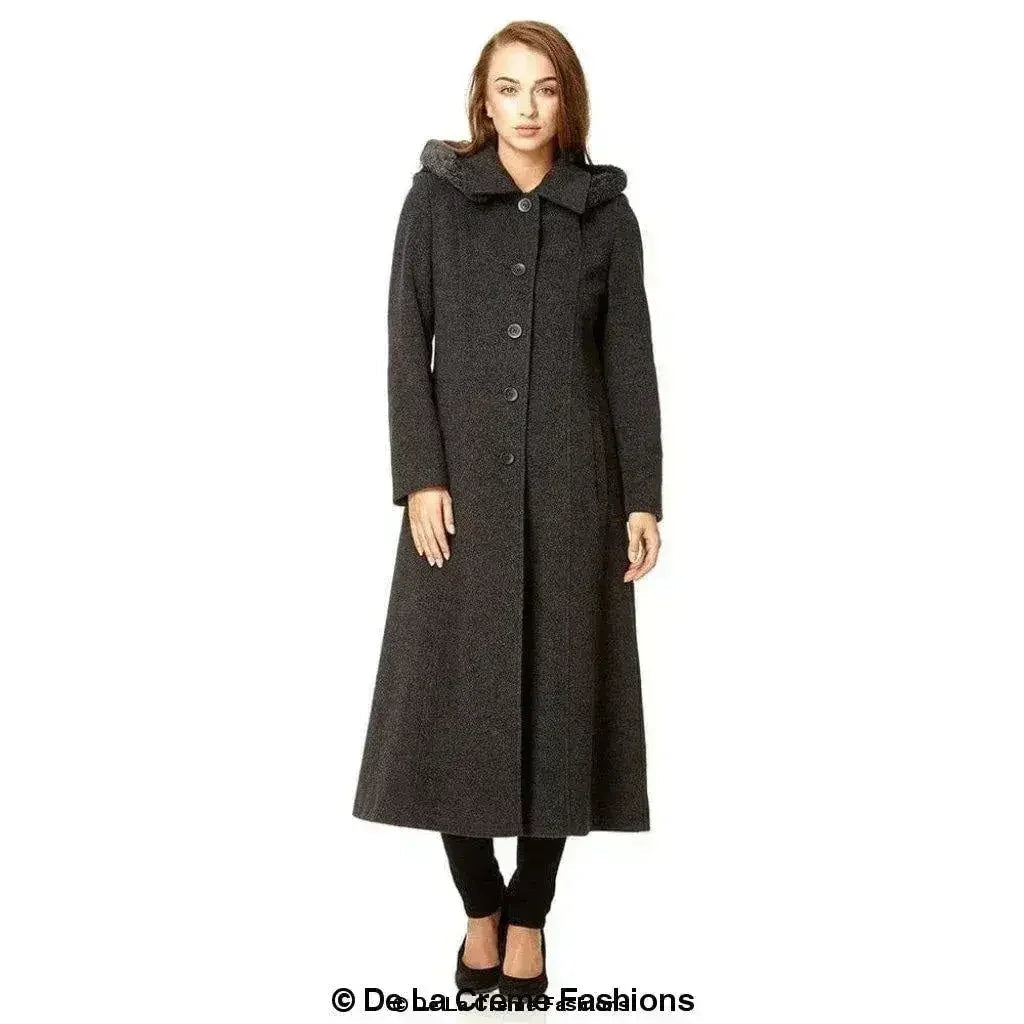 Manteau long à capuche avec bordure en fausse fourrure et mélange de laine