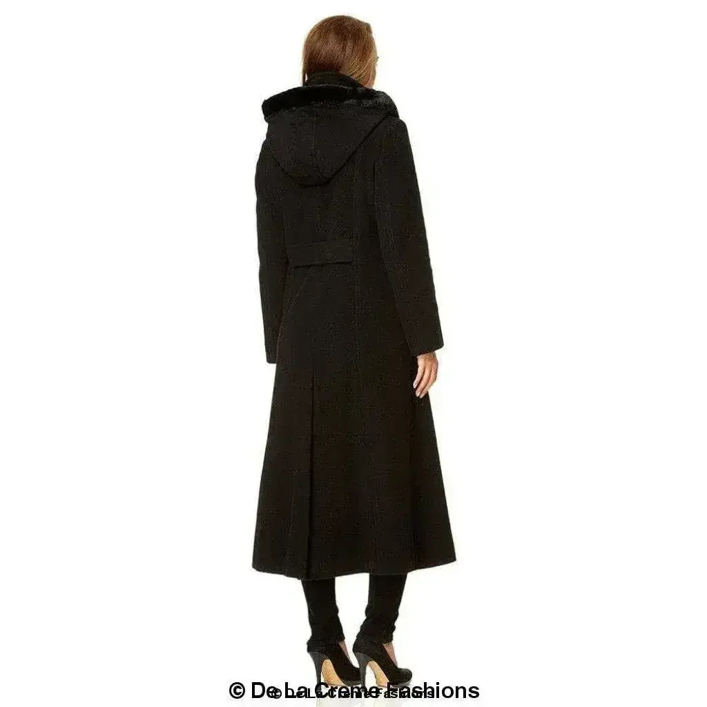 Manteau long à capuche avec bordure en fausse fourrure et mélange de laine