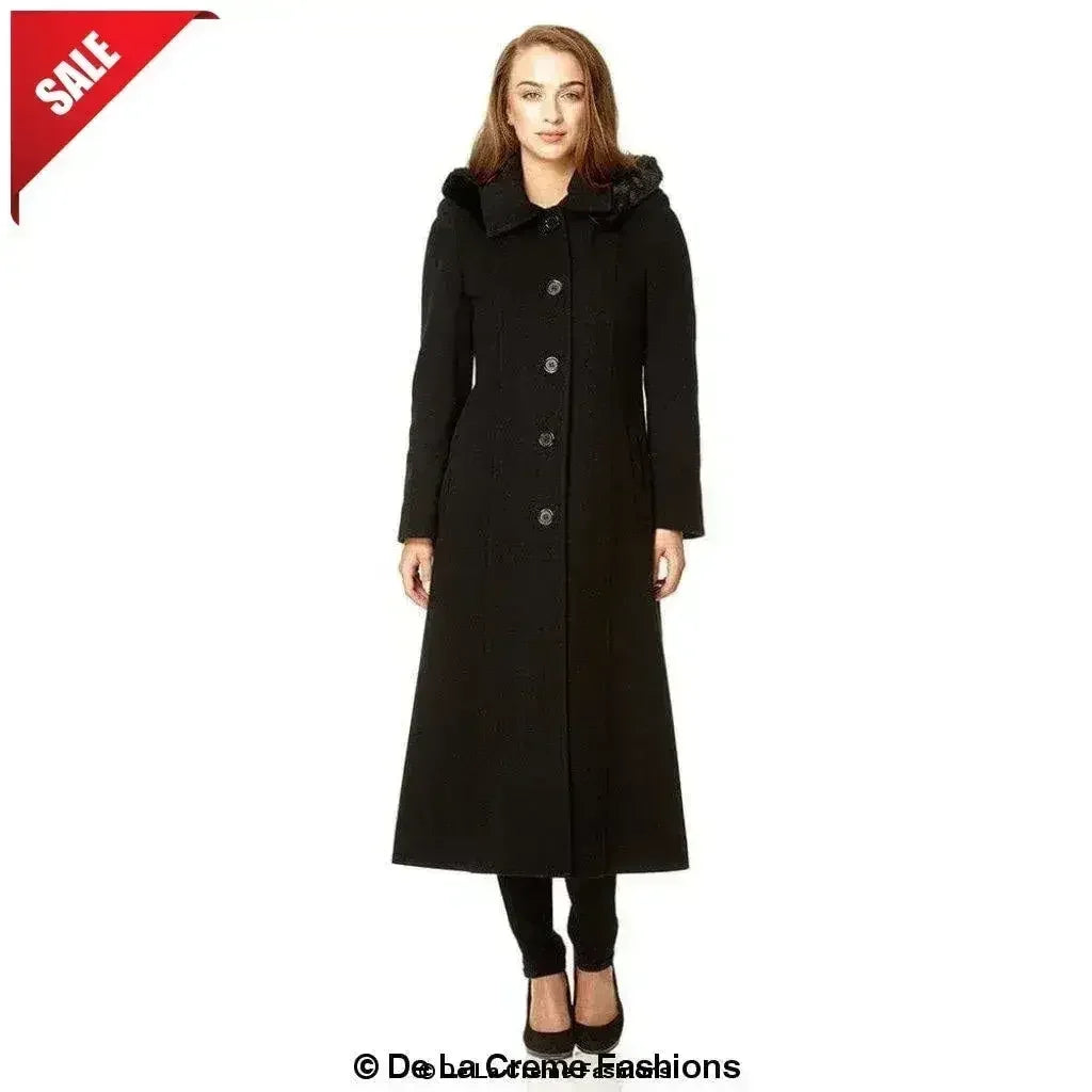 Manteau long à capuche avec bordure en fausse fourrure et mélange de laine