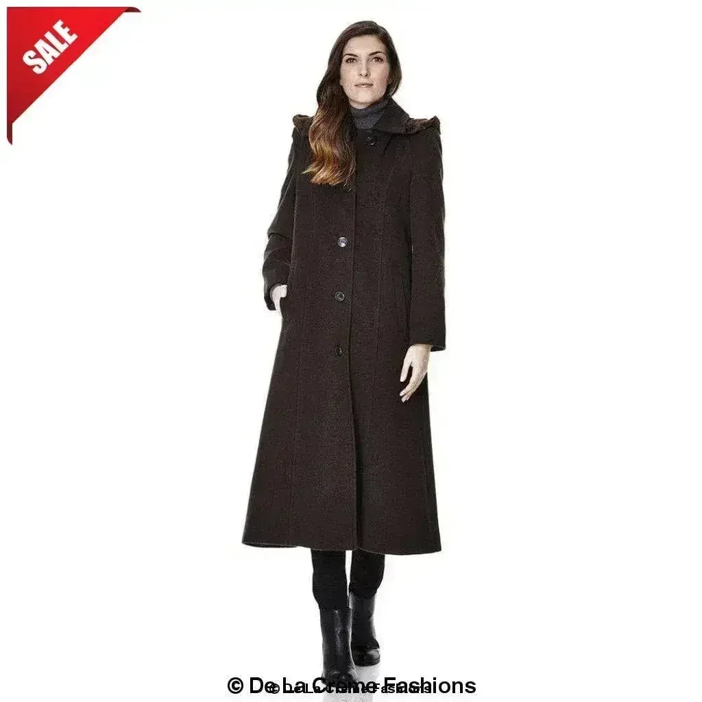 Manteau long à capuche avec bordure en fausse fourrure et mélange de laine