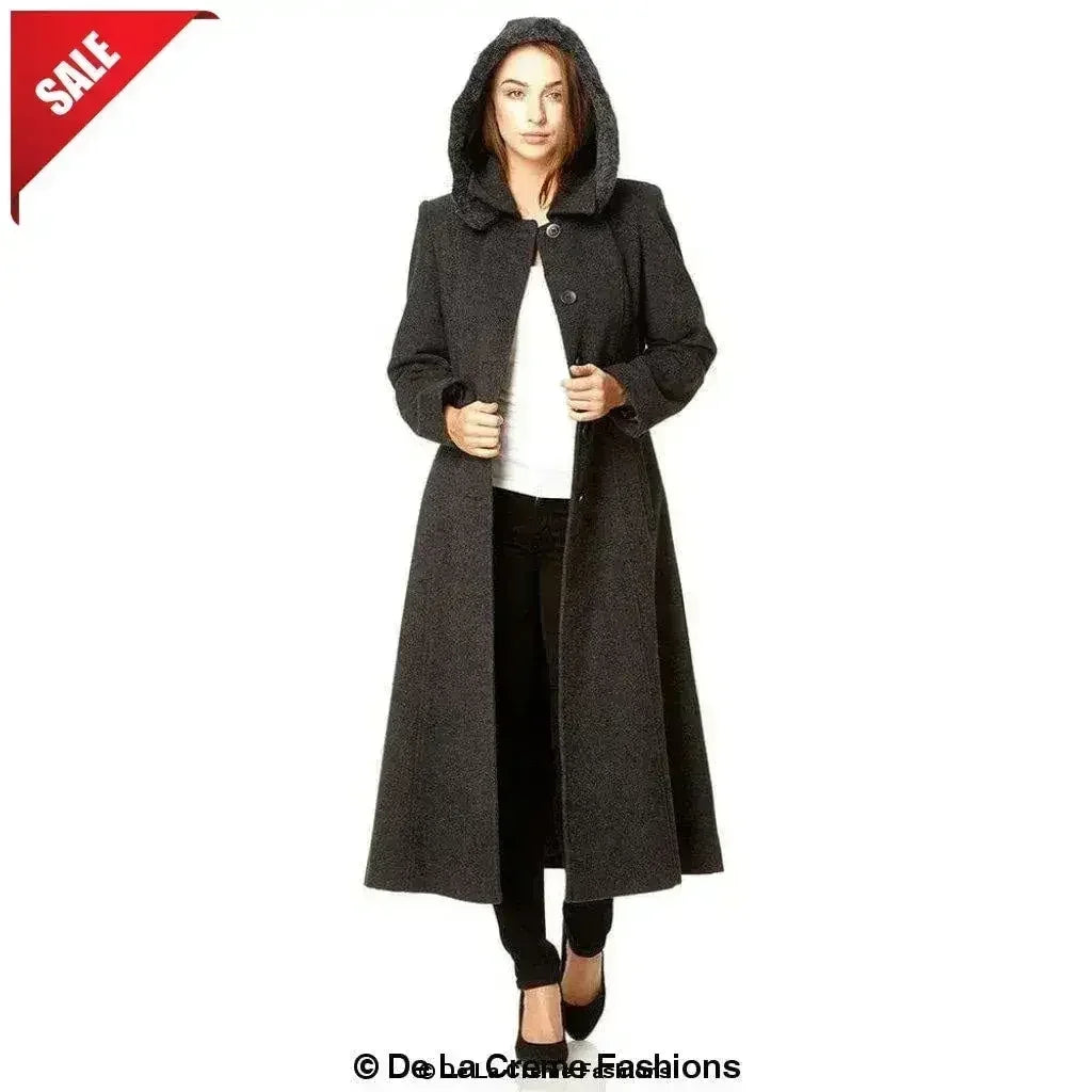 Manteau long à capuche avec bordure en fausse fourrure et mélange de laine