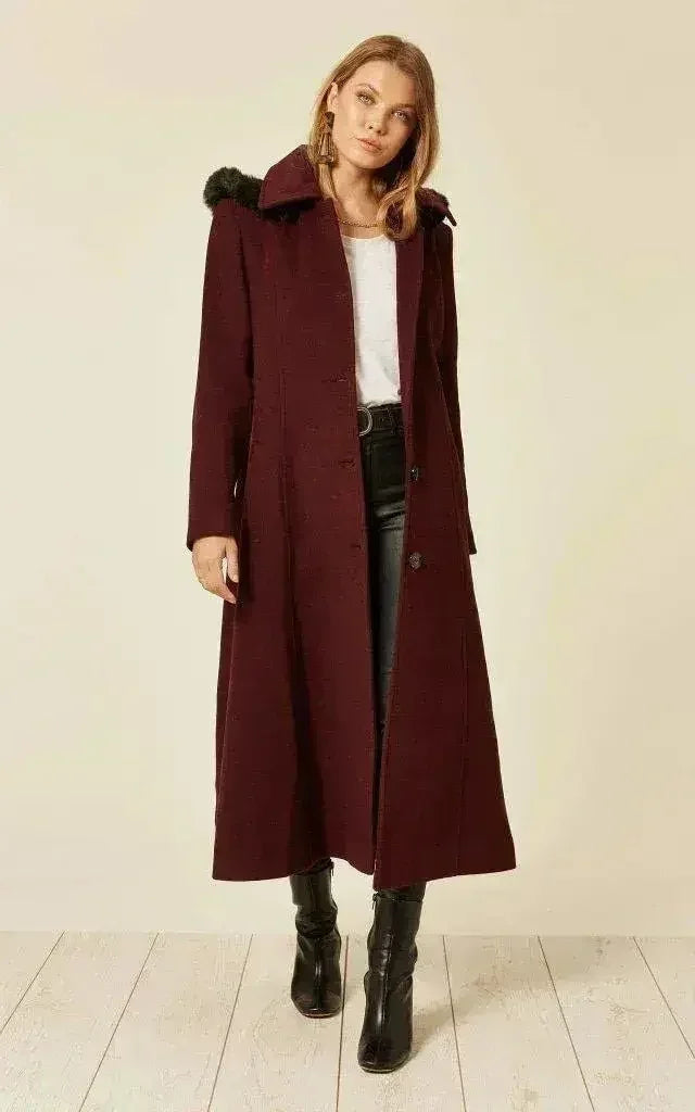 Manteau long à capuche avec bordure en fausse fourrure et mélange de laine