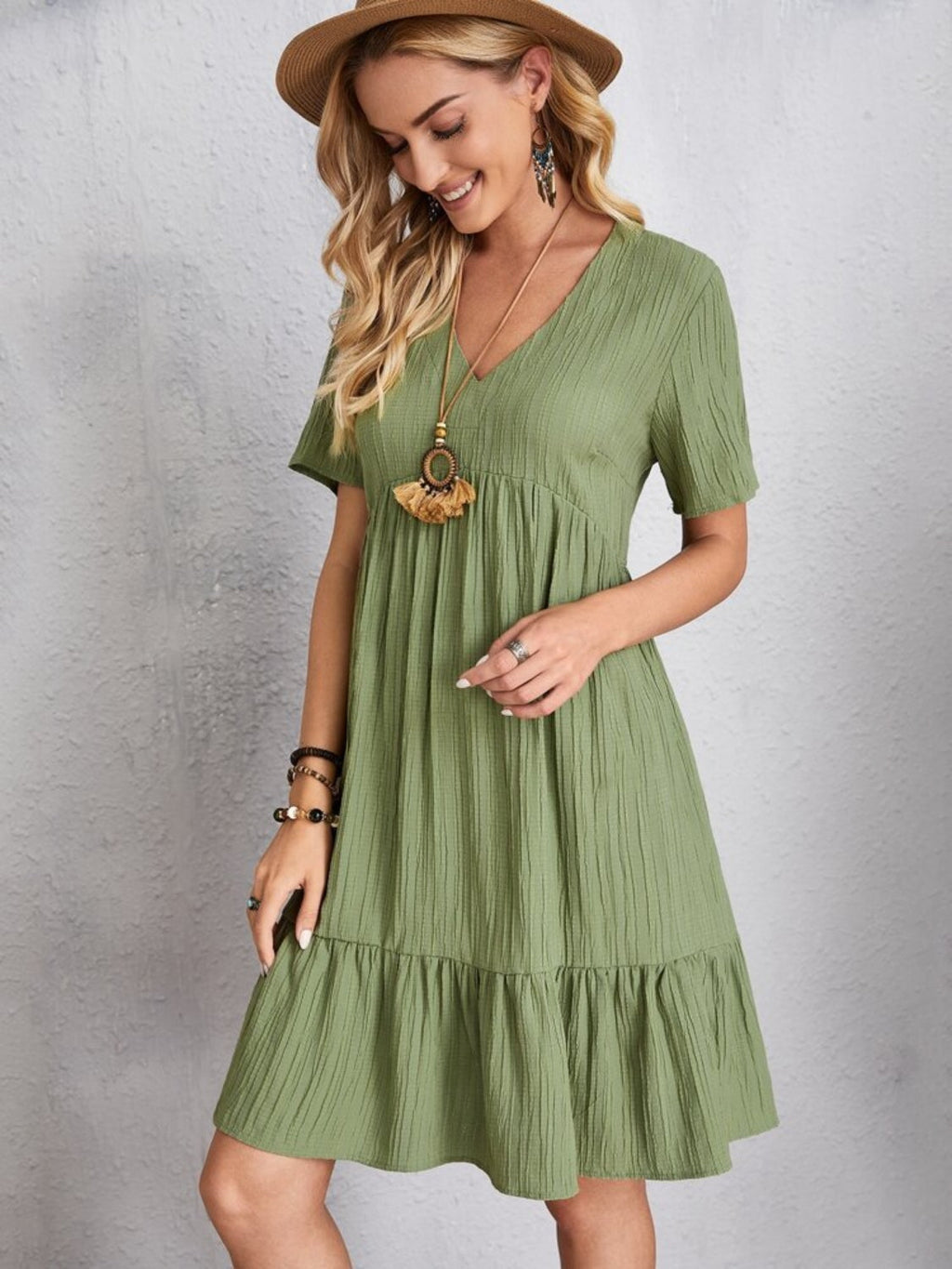 Robe Classique Col V Manches Courtes Décontractée et Confortable pour Femmes