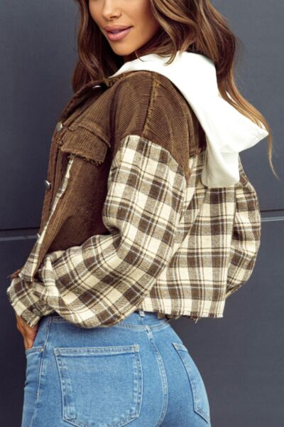 Veste courte à capuche en plaid à ourlet brut – Vêtement d'extérieur tendance boutonné avec ourlet brut décontracté