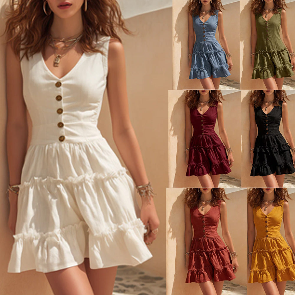 Robe midi boutonnée sans manches en lin pour femme