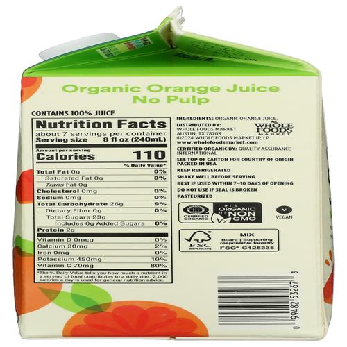Jus d'orange bio sans pulpe Whole Foods Market, 1,5 l