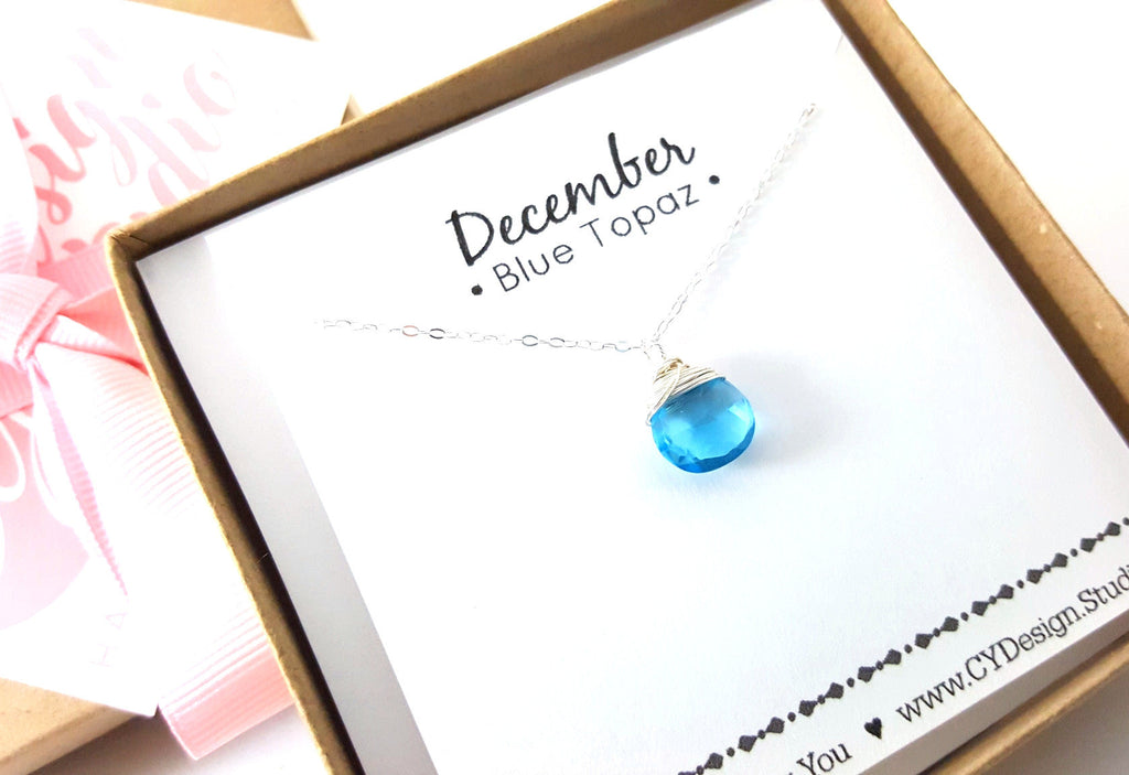 Collier en quartz topaze bleue pierre de naissance de décembre fil d'argent sterling enveloppé pendentif briolette cadeau pour elle