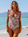 Maillot de bain une pièce fleuri pour femme — Détail volanté aux épaules