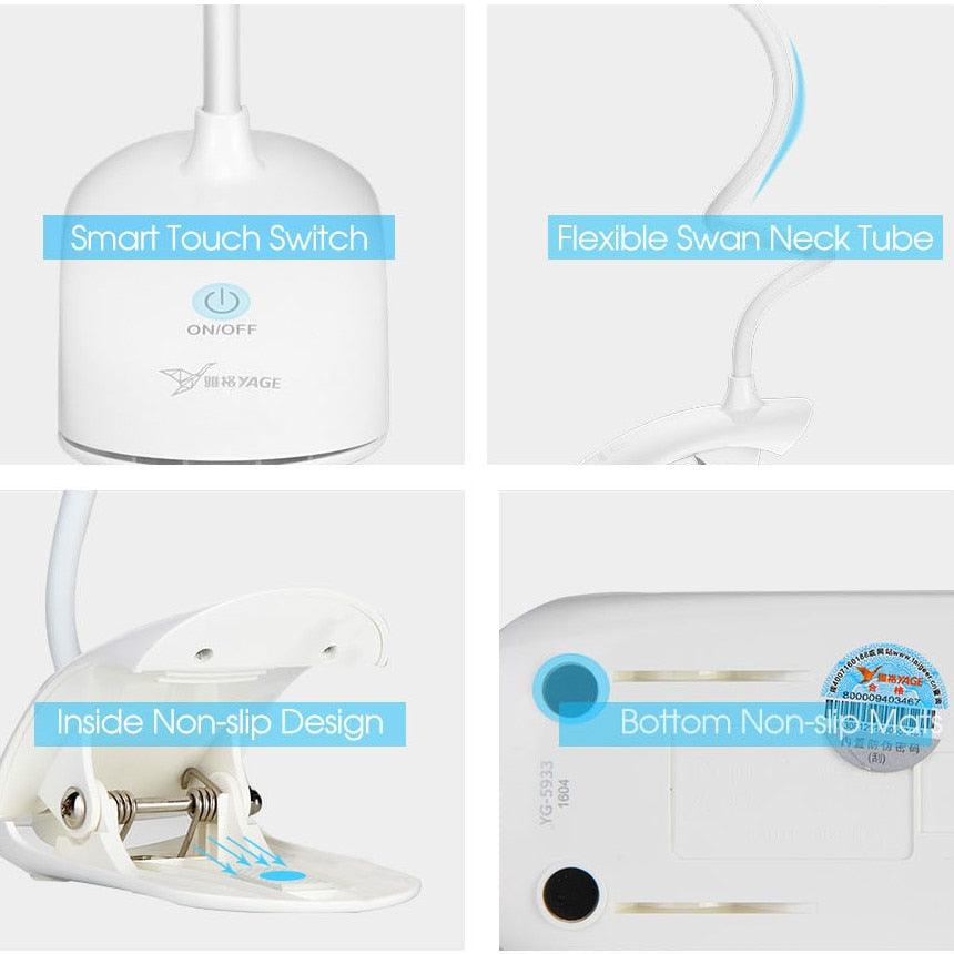 Lampe de bureau USB à LED, lampe de table 14 LED avec clip, lampe de lecture de chevet, lampe de bureau LED tactile 3 modes, lampe de table décorative bleue, jolies lampes d'étude pour la décoration de chambre.
