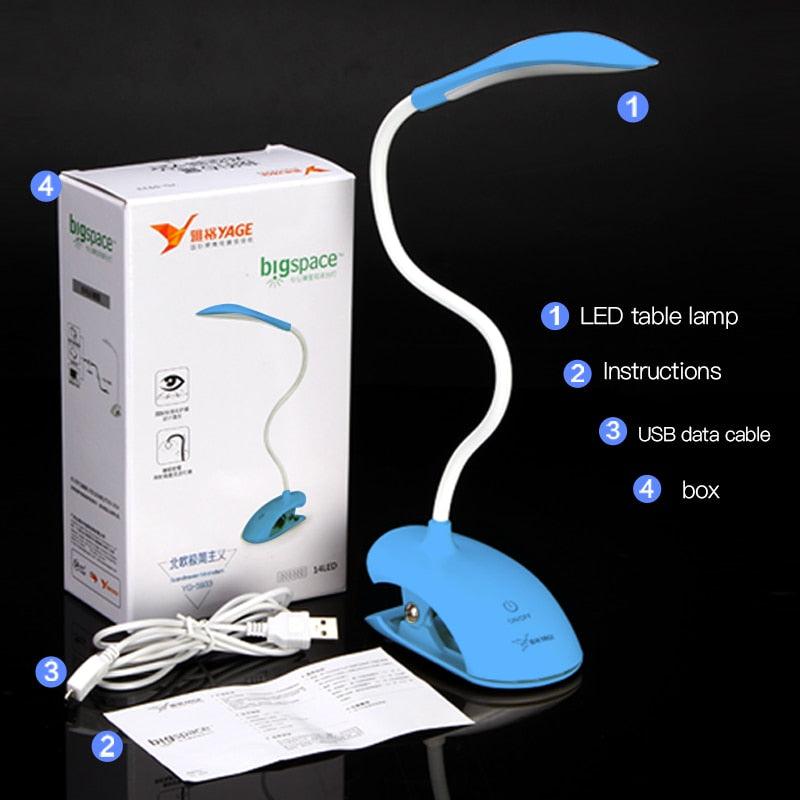 Lampe de bureau USB à LED, lampe de table 14 LED avec clip, lampe de lecture de chevet, lampe de bureau LED tactile 3 modes, lampe de table décorative bleue, jolies lampes d'étude pour la décoration de chambre.