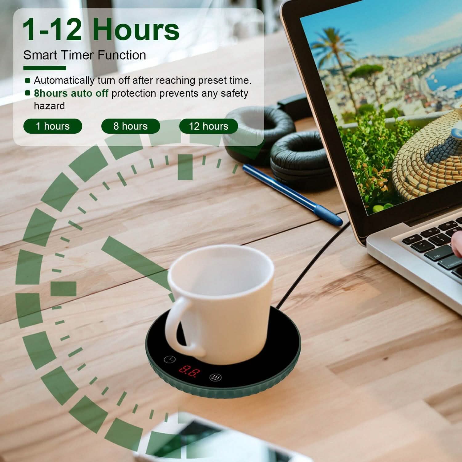 Chauffe-Tasse Électrique de Bureau Arrêt Automatique Protection Contre la Surchauffe Réglage Minuteur Intelligent