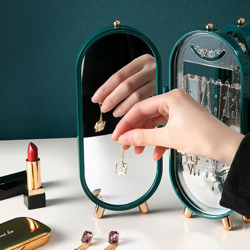 Boîte de Rangement à Bijoux de Bureau Multicouche Anti-poussière Présentoir Boucles d'Oreilles Bagues Colliers pour Femmes Boîte à Bijoux Pliable Support Boucles d'Oreilles Boîte à Bijoux avec Miroir Organisateur Bijoux Boucles d'Oreilles Colliers
