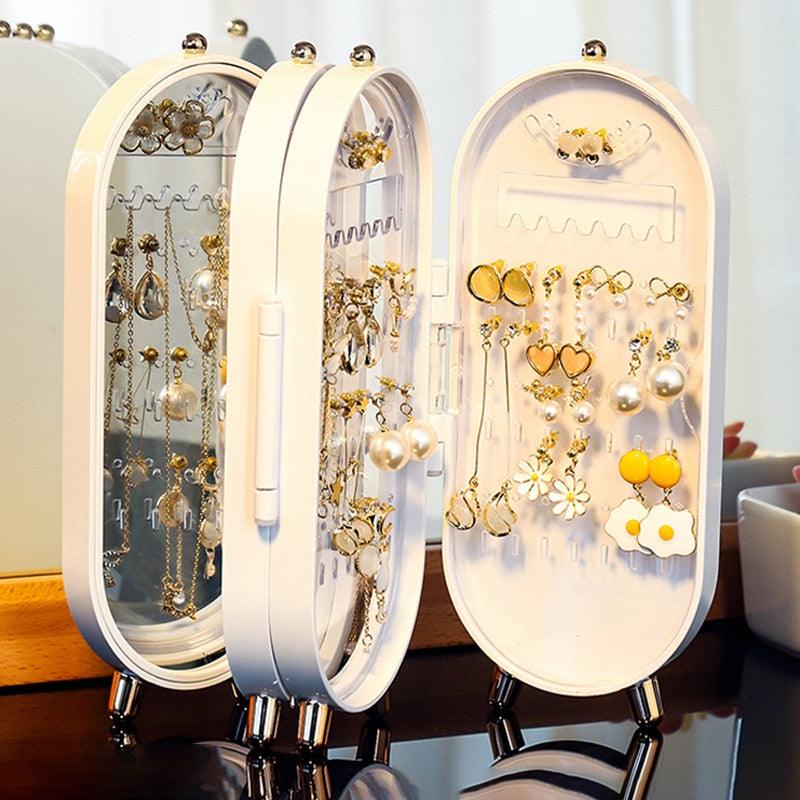 Boîte de Rangement à Bijoux de Bureau Multicouche Anti-poussière Présentoir Boucles d'Oreilles Bagues Colliers pour Femmes Boîte à Bijoux Pliable Support Boucles d'Oreilles Boîte à Bijoux avec Miroir Organisateur Bijoux Boucles d'Oreilles Colliers